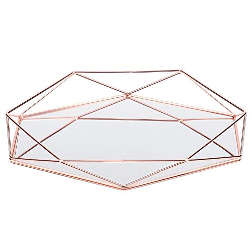 DEWIN Bandeja Prisma Geométrica, Bandeja de Espejo de Oro Baño Sexangle Espejo Metal Oro Cosmético Joyería Organizador de Almacenamiento Bandeja Caja Placa (Oro Rosa)