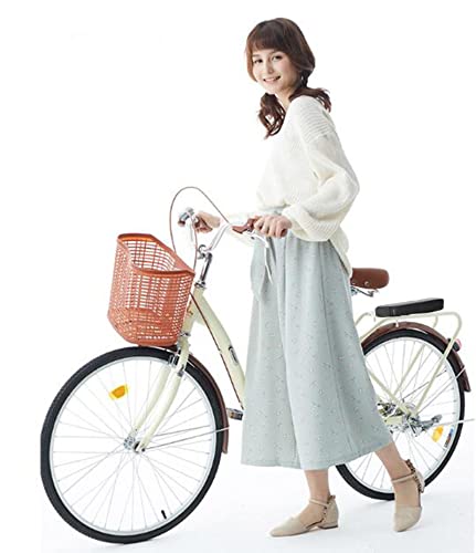 Bicicleta plegable de 24 pulgadas para mujer bicicleta de carretera de la ciudad,marco de acero,ligero,cómodo,asiento ajustable,luz trasera y cesta+campana adecuada para adultos y adolescentes/crema
