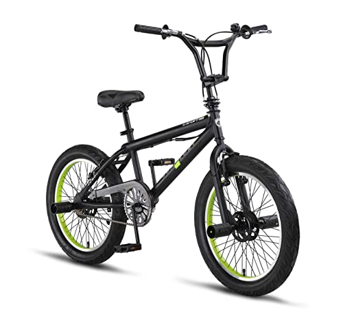 Licorne Bike Jump Plus Premium - Sistema de rotor BMX 360°, 4 clavijas de acero, protector de cadena, rueda libre (negro/lima, bicicleta de freestyle)