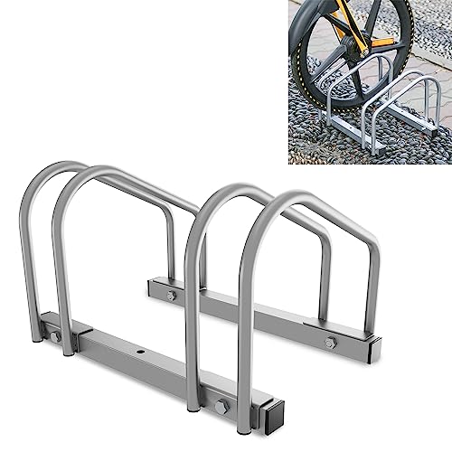 Sonnewelt Soporte para 2 bicicletas de 35 a 55 mm de ancho de neumático, soporte de suelo para bicicleta, montaje fácil, acero galvanizado, 41 x 32 x 26 cm (plata)