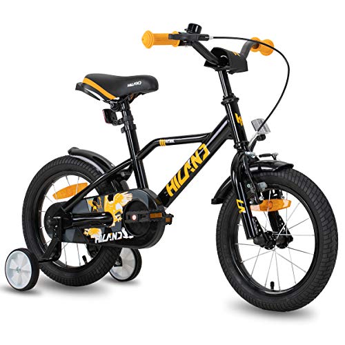 Hiland Adler Bicicleta Infantil 14 Pulgadas para Niños y Niñas de 3 4 5 6 Años con Ruedines, Freno de Mano y Freno de Contrapedal, Negro y Naranja