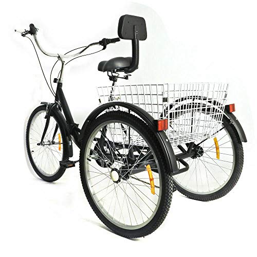 Futchoy Triciclo plegable de 24 pulgadas para adultos, 7 marchas, triciclo con cesta y respaldo, 3 ruedas, bicicleta para adultos, bicicleta de la compra urbana, color negro