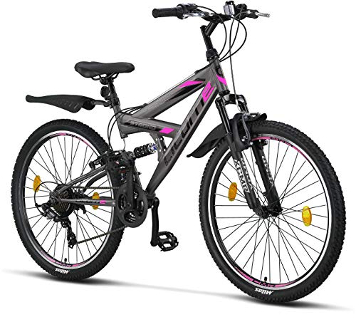 Licorne Strong Bike - Bicicleta de montaña prémium de 26 Pulgadas, para niños, niñas, Mujeres y Hombres, Cambio de 21 velocidades, suspensión Completa, Gris Antracita/Rosa, 66,04 cm