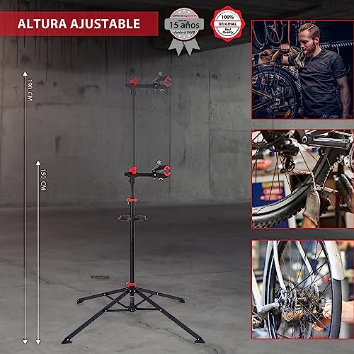 Ultrasport Soporte de montaje para bicicletas, bicicletas montaña bicicletas hasta 30 kg, incl. herramientas + compartimento magnético, giratorio 360°, retención liberación rápida pintura, Negro/Rojo