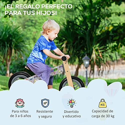 AIYAPLAY Bicicleta sin Pedales de Madera para Niños de 3-6 Años con Sillín Ajustable de 34-40 cm Bicicleta de Equilibrio Infantil con Ruedas de 12