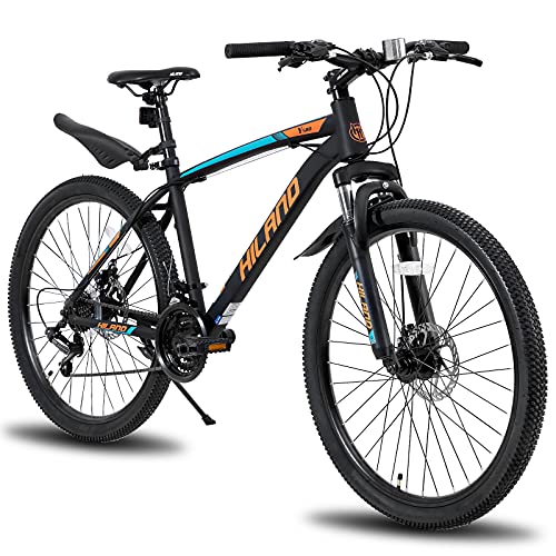 HILAND Bicicleta de Montaña de 26 Pulgadas 21 Velocidades con Cuadro de Acero, Freno de Disco y Horquilla de Suspensión, Bicicleta Urbana, Color Negro y Naranja