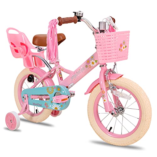 JOYSTAR Stitch Bicicleta Infantil de 12 Pulgadas para niñas de 2 a 4 años con estabilizadores, Bicicleta para niñas con Cesta y serpentinas y Asiento para muñecas, Rosa