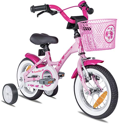 Prometheus Bicicleta para niños de 2 a 5 años | Bicicleta Infantil 3 años para niñas 12 Pulgadas con ruedines en Rosa y Blanco