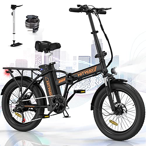 HITWAY Bicicleta eléctrica 20x3.0 Bicicleta Montaña Plegable Ebike Fatbike,36V/11,2Ah Batería, 250W Motor, Shimano 7 Vel,E-MTB, Pedal Assist, Alcance 35-90KM, Negro+naranja-EU (BK11)
