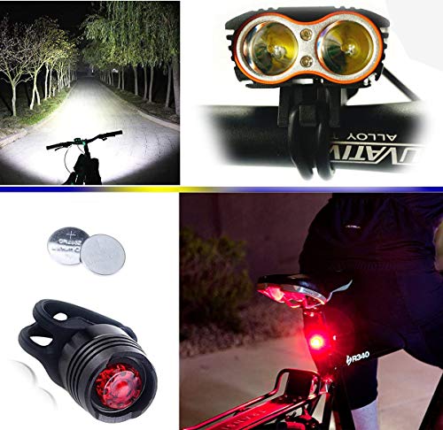 Linterna LáMPARA para bicicletas bici 2X LED frontal para manillar de bicicleta (2 focos, 5000 Lumens, 4 modos) con 2 x Luz Luces Lámpara Trasera para Bici Bicicleta